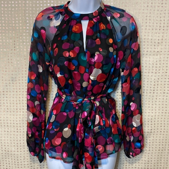 Trina Turk Greyhound Multicolor Silky Long sleeve Blouse with Tie - Picture 1 of 12